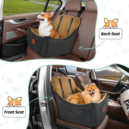 Lealchum Dog Booster Car Seat for Medium Dogs Up to 40lbs Pets,Easy to Install,Fully Detachable and Washable,Anti-Slip Base,Snug Puppy Car Seat with 2 Clip-On Leashes(Black/Coffee,Medium)