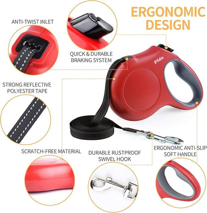 Fida Retractable Dog Leash with Dispenser and Poop Bags, 16 ft Pet Walking Leash for Small Dog or Cat up to 26 lbs, Anti-Slip Handle, Tangle Free, Reflective Nylon Tape (S, Red)