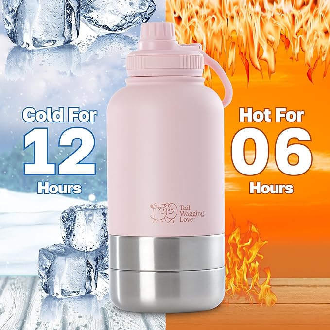 32oz 3-in-1 Travel Water Bottle for Dogs & Humans, Dual Use, Stainless Steel, Keeps Water Hot 6hrs/Cold 12hrs, Leak-Proof with Detachable Food & Water Bowls, Perfect for Travel