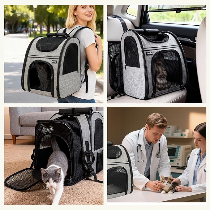Zavothy Cat Backpack Carrier, Expandable Airline Approved Pet Backpack for Small Cats & Dogs, Breathable Mesh Cat Carrier Backpack with Padded Bottom, Foldable Travel Bag - Grey