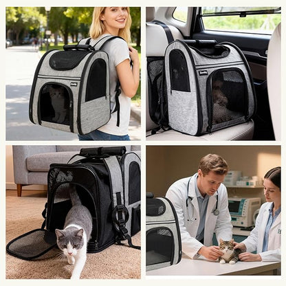 Zavothy Cat Backpack Carrier, Expandable Airline Approved Pet Backpack for Small Cats & Dogs, Breathable Mesh Cat Carrier Backpack with Padded Bottom, Foldable Travel Bag - Grey