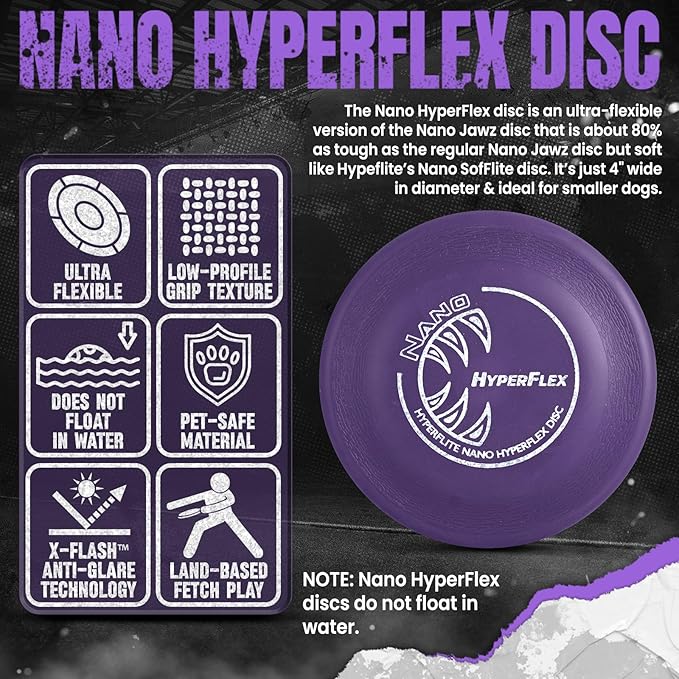 Hyperflite Nano Hyperflex Disc Dog Disc 4” (24g) | Official Skyhoundz Mini Flying Disc for Small Dogs & Puppies | Long-Flying, Lightweight Chase Dog Toy for Backyard, & Beach | Anti-Glare - Purple