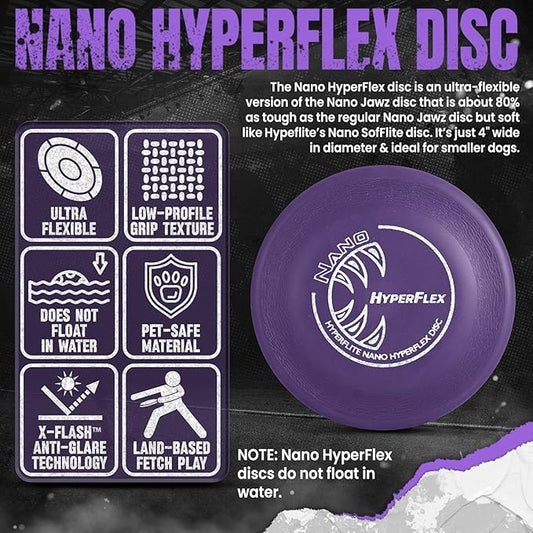 Hyperflite Nano Hyperflex Disc Dog Disc 4” (24g) | Official Skyhoundz Mini Flying Disc for Small Dogs & Puppies | Long-Flying, Lightweight Chase Dog Toy for Backyard, & Beach | Anti-Glare - Purple