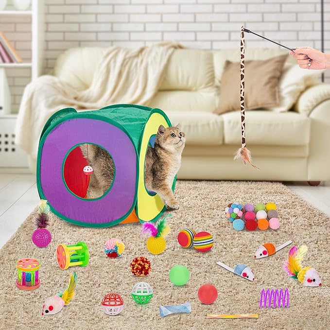 Retro Shaw Cat Toys Pack 33Pcs, Interactive Kitten Toys for Indoor Cats Kitty with Collapsible Play Tunnel Tent, Feather Teaser Wand Bell Balls Springs Mouse Toys for Boredom Relief & Exercise