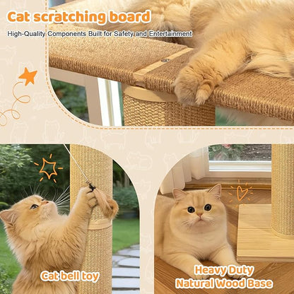 54.3" Cat Window Perch with 3 Adjustable Roman Column Sisal Scratching Posts, Drill-Free Suction Cups, Multi-Level Perch for Climbing & Bird Watching, 60 lbs Capacity