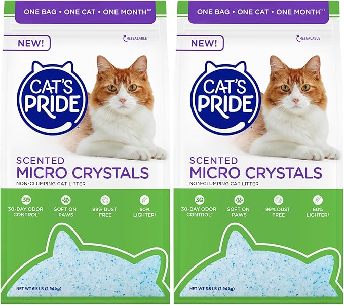 Cat’s Pride Micro Crystals Cat Litter, Non-Clumping, Scented, 30-Day Odor Control, 99% Dust Free, Lightweight, Soft on Paws, 6.5lb Bag (Pack of 2)
