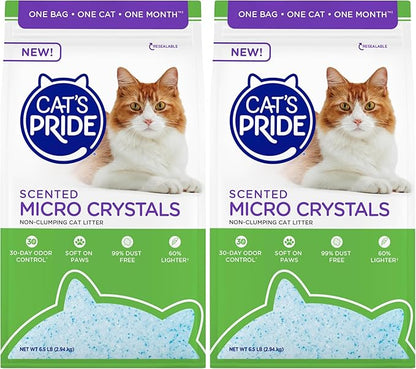 Cat’s Pride Micro Crystals Cat Litter, Non-Clumping, Scented, 30-Day Odor Control, 99% Dust Free, Lightweight, Soft on Paws, 6.5lb Bag (Pack of 2)
