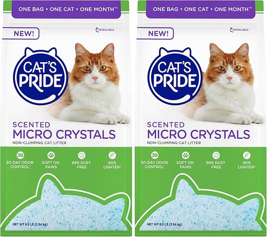 Cat’s Pride Micro Crystals Cat Litter, Non-Clumping, Scented, 30-Day Odor Control, 99% Dust Free, Lightweight, Soft on Paws, 6.5lb Bag (Pack of 2)