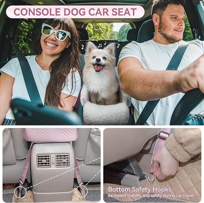 PETSFIT Cat Car Seat, Portable Console Dog Car Seat with Safe Protective Hooks, Luxury Pet Car Seat Includes Safety Leash and Storage Pocket for Pets Up to 9 lbs (Pink)