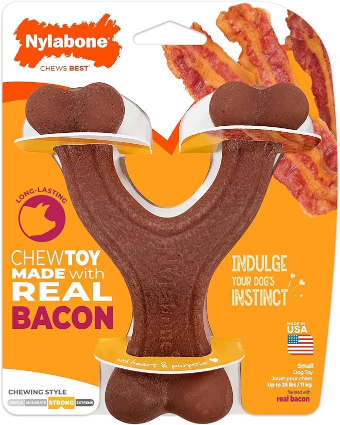 Nylabone Strong Chew Wishbone Dog Toy Made with Real Bacon, Durable Chew Toys for Aggressive Chewers, Long Lasting Dog Bone, Keeps Dogs Busy, Small Breeds - Up to 25 lbs