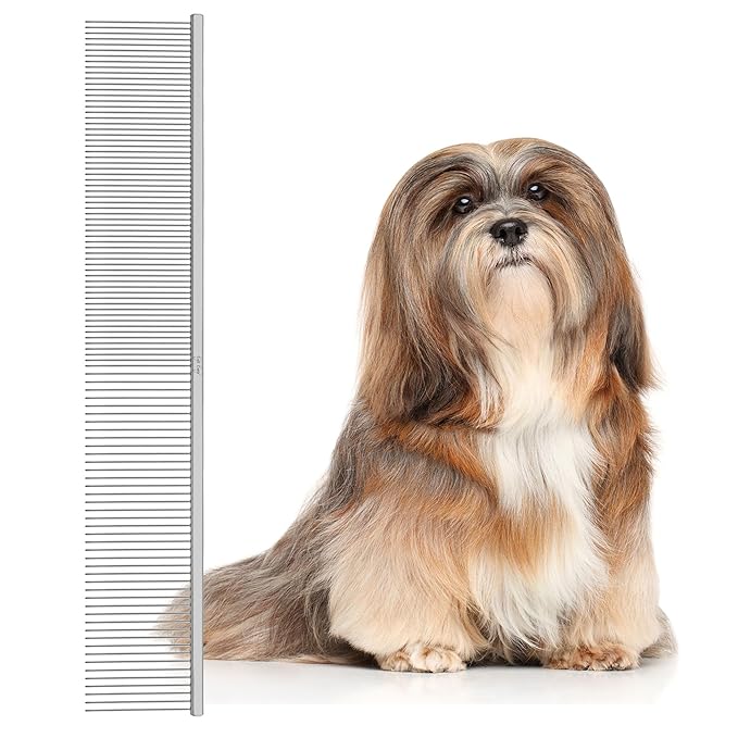 Eye Envy ProGlide Finishing Comb for Dogs. Dual-sided featherweight 8.75” dog comb with extra-long, closely spaced 32 mm rounded teeth. For a flawless, show-quality finish on delicate, fine coats.
