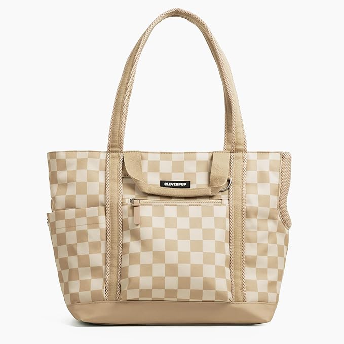 Cleverpup Transit Tote Dog Carrier 4-Piece Set - Premium Lightweight Pet Travel Bag with Plush Teddy Insert, Food Pouch, Air Mesh Opening, Water-Resistant Base & Safety Tether - Medium Checkerboard