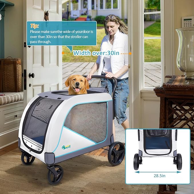 Ownpets Extra-Large Dog Stroller for Large Dogs Up to 154lbs, with Hanging Storage Bag, Foldable Dog Wagon with Adjustable Handle & Breathable Mesh, 4 Wheels Pet Stroller