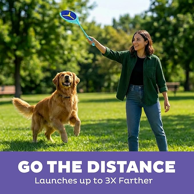 Outward Hound FlyFetch Disc Launcher Dog Toy, Launches Up to 3X Farther, Ergonomic Handle, Durable Rubber Disc, All Breeds