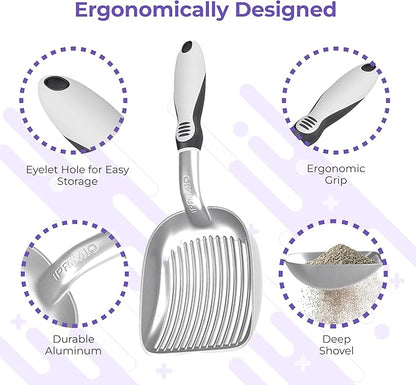 iPrimio Cat Litter Scooper Deep Shovel with Holder - (Silver XL) - Non-Stick Pooper Scooper Shovel Kitty Litter Sifter - Patented Solid Aluminum Poop Scoopers with Long Handle, Easy Grip, Pet Supplies