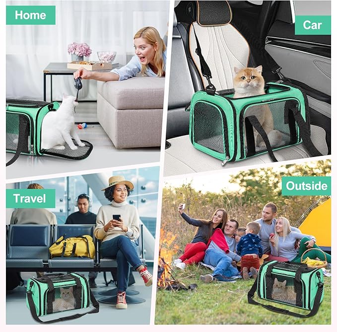 Discala Cat Dog Carrier Up to 15 Lbs TSA Airline Approved Pet Carrier for Small Medium Cats Puppies Dog Carriers for Small Dogs Collapsible Soft Sided Cat Travel Carrier - Green 15.7"x10.2"x10.2"