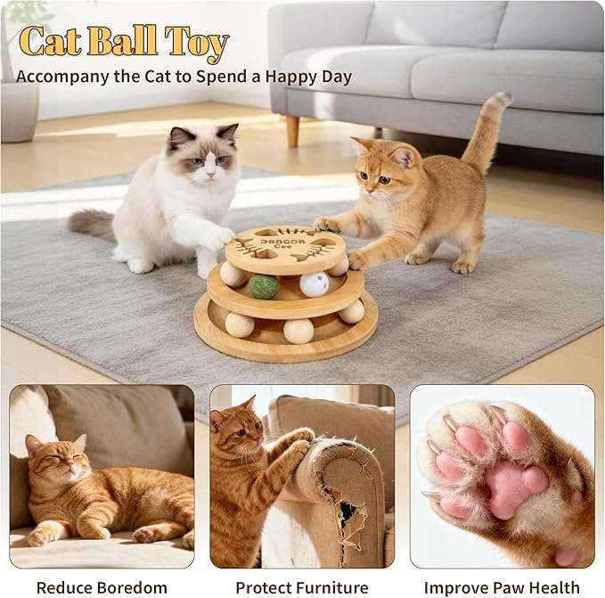 Cat Ball Track Toy with Puzzle Top, Interactive Cat Toys for Indoor Cats with Spinning Balls, Wooden Cat Ball Tower Toy for Kitten Kitty Exercise Mental Physical