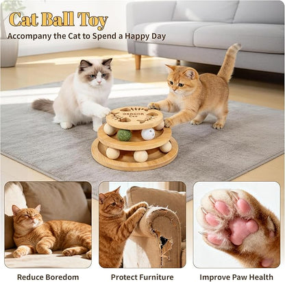 Cat Ball Track Toy with Puzzle Top, Interactive Cat Toys for Indoor Cats with Spinning Balls, Wooden Cat Ball Tower Toy for Kitten Kitty Exercise Mental Physical