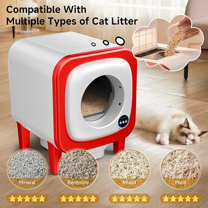 Self Cleaning Litter Box, Extra Large Automatic Cat Litter Box Self Cleaning for Multiple Cats, App Control, Safety Protection, Ultra-Quiet,Includes Trash Bags,Red