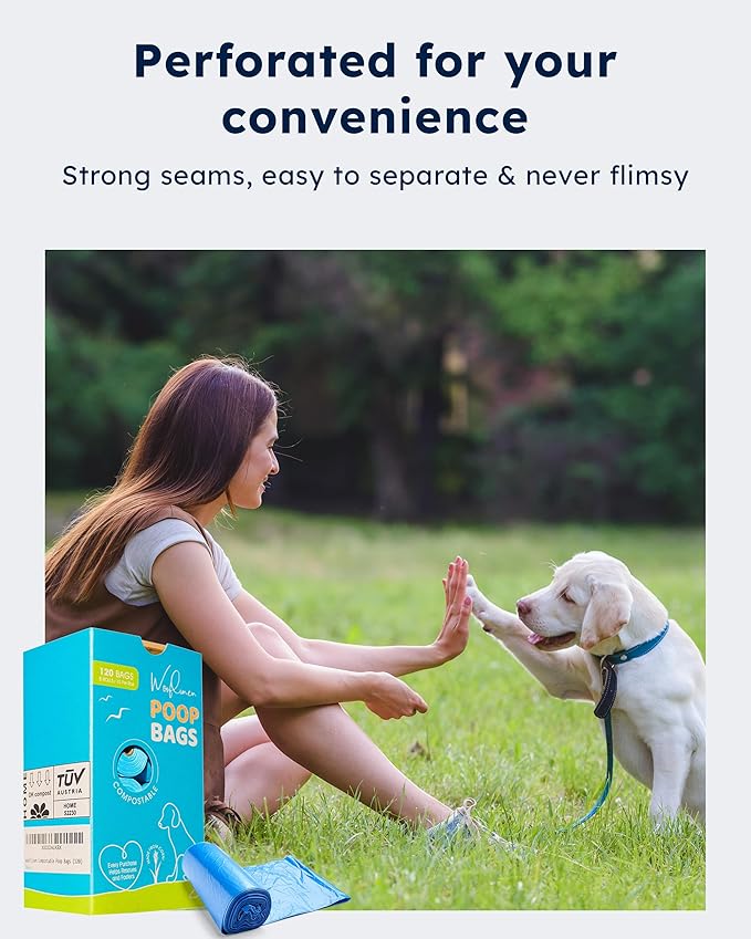 Wooflinen Unscented Compostable Dog Poop Bags – Leak-Proof Dog Poop Bags Rolls – Large 9x13”, Durable, Easy Tear – Made from Plant-Based Materials – For Big & Small Dogs – 120 Bags (8 Rolls)