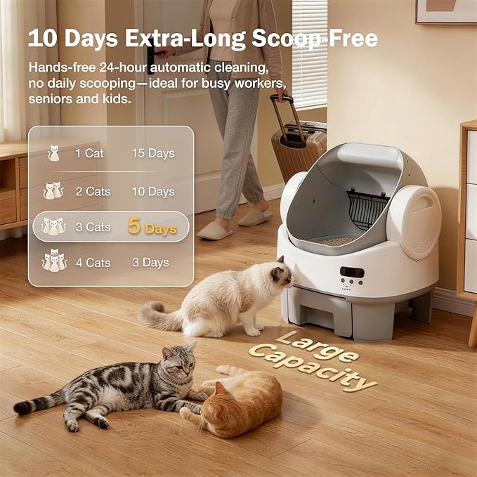 WARCAT Self-Cleaning Cat Litter Box, Open-Top Automatic Litter Box with Child Lock, 10L Large Capacity Waste Drawer, No APP Required, Includes Garbage Bags & Cleaning Mat (Gray & White)