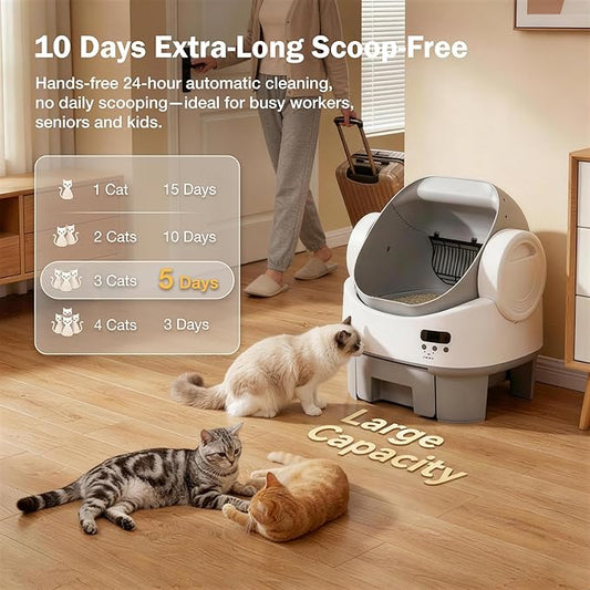 WARCAT Self-Cleaning Cat Litter Box, Open-Top Automatic Litter Box with Child Lock, 10L Large Capacity Waste Drawer, No APP Required, Includes Garbage Bags & Cleaning Mat (Gray & White)