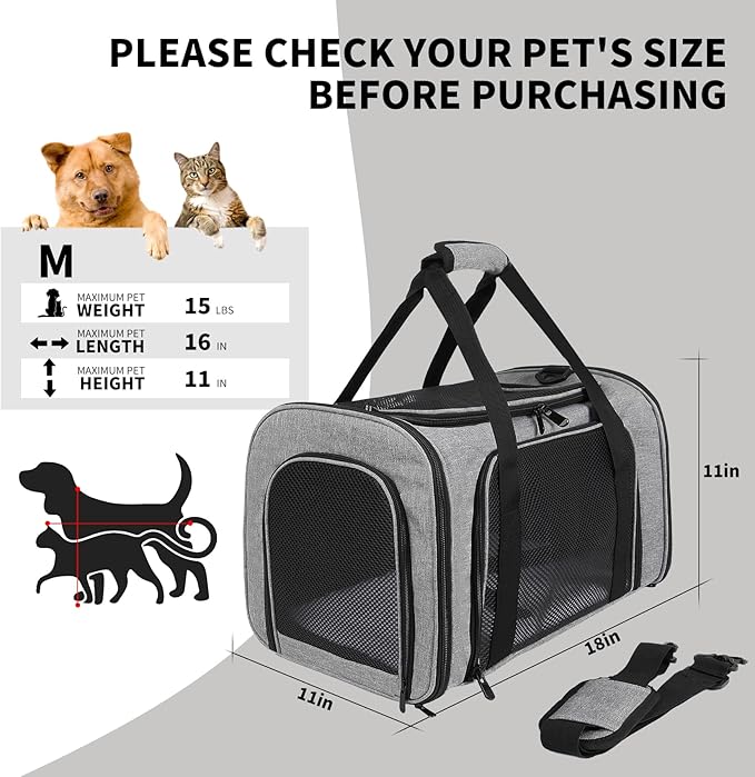 Carriers Soft-Sided Pet Carrier Case for Small Medium Cats Dogs Puppy Under 15 lbs,Airline Approved Cat Carrier with 4 Ventilated Windows (Medium,Grey&Black)