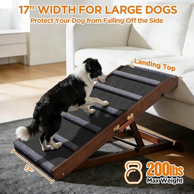 Dog Ramp for Bed, Extra Wide 17", Non-Slip Rubber Surface, Adjustable Folding Pet Ramps for Small & Large Dogs up to 200lbs, Walnut Wood Stairs for Old Dachshund/Labrador to Get on High Couch or Car