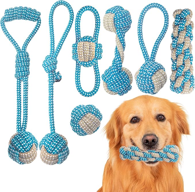 7 Pack Puppy Rope Toys - Variety of Cotton Rope Toys for Small Dogs, Teething, Chewing & Keeping Dogs from Being Bored - Blue