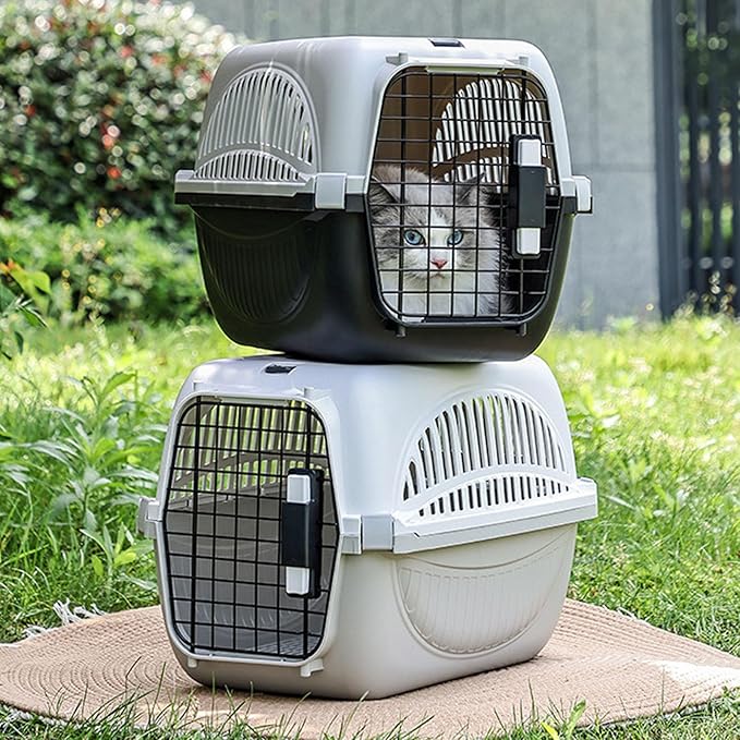 Plastic Pet Carrier, 18.9x12.6x12.6 inch Hard Sided Travels Cat Crate with Wire Door and Water Bowl Ventilation and Security Lock Design Portable Small Dog Kennel for Camping (Black)