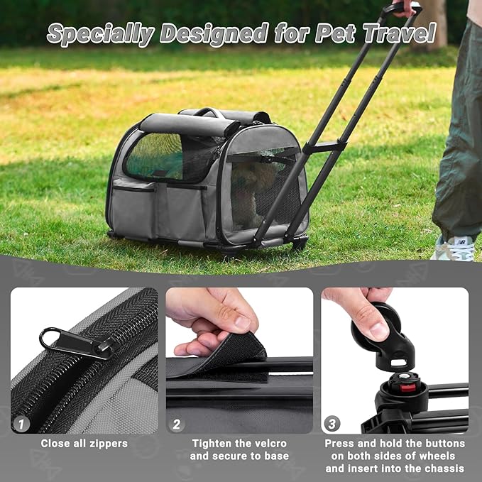 Large Pet Carrier with Wheels, Foldable Rolling Dog Carrier with Big Pocket, Cat Rolling Bag 21"x13"x13" for 2 Cats &Dogs, for Travel, Outdoor, Vet Visits, Camping, Indoor. Gray. (Not for Airline)