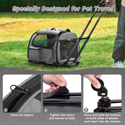Large Pet Carrier with Wheels, Foldable Rolling Dog Carrier with Big Pocket, Cat Rolling Bag 21"x13"x13" for 2 Cats &Dogs, for Travel, Outdoor, Vet Visits, Camping, Indoor. Gray. (Not for Airline)