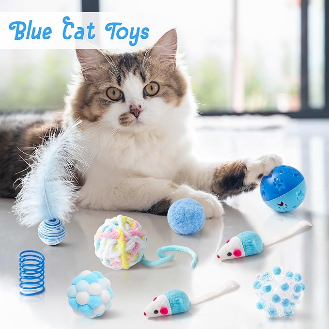 MALLMALL6 Cat Toy Set Interactive Cat Toys 10Pcs Pack Including Cat Springs Feather Teaser Wand Mice Crinkle Balls and Pet Bell Balls, Puzzle Interactive Pet Gift Pack Toys for Indoor Kitten (Blue)