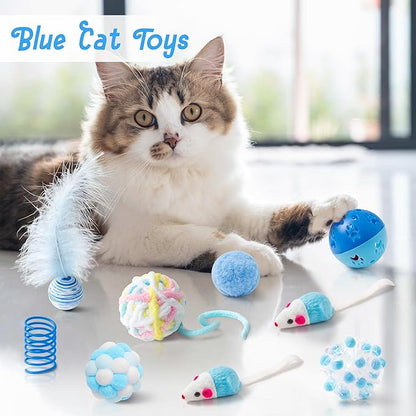 MALLMALL6 Cat Toy Set Interactive Cat Toys 10Pcs Pack Including Cat Springs Feather Teaser Wand Mice Crinkle Balls and Pet Bell Balls, Puzzle Interactive Pet Gift Pack Toys for Indoor Kitten (Blue)