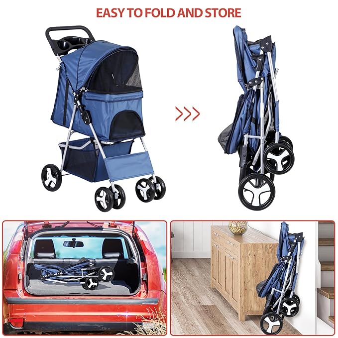 ZENY Foldable Pet Stroller, Cat/Dog Stroller with 4 Wheel, Pet Travel Carrier Strolling Cart with Storage Basket, Cup Holder (Navy Blue)