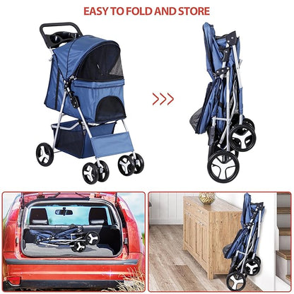 Pet Stroller 4 Wheels Dog Cat Stroller for Small Medium Dog Cats Carrier Jogger Travel Foldable Puppy with Storage Basket and Cup Holder (Navy Blue)