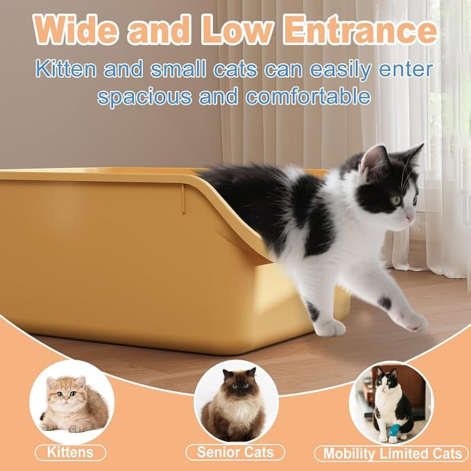 Cat Litter Box with High Sides Anti-Splashing for Indoor Cats Low Entry Kitty Litter Boxes (Yellow)