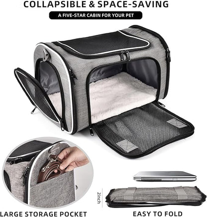 Airline Approved Cat Carrier, Soft Sided Pet Carrier for Small Dogs Cats up to 15lbs, Collapsible Sturdy Cat Travel Carrier, Claw-Resistant Mesh & Self-Locking Zippers (17.7x10.8x11) (Grey)