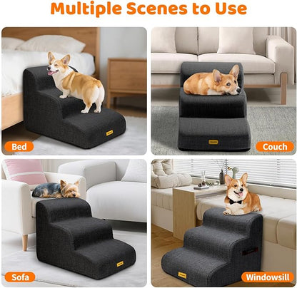 Gimars 30D High-Density Foam & Extra-Wide, Stable 3-Step Dog Stairs, 40cm High Pet Stairs with Washable Cover & Non-Slip Base, Portable Ramp for Small Dogs to Sofa, Bed, Couch, Car