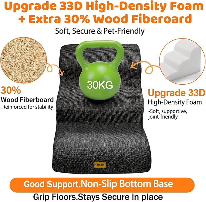 Gimars 30D High-Density Foam & Extra-Wide, Stable 3-Step Dog Stairs, 40cm High Pet Stairs with Washable Cover & Non-Slip Base, Portable Ramp for Small Dogs to Sofa, Bed, Couch, Car