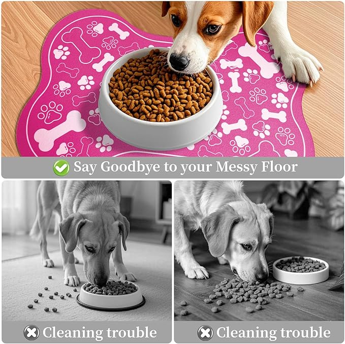 Dog & Cat Food Mat Bone Shaped Pet Feeding Mat Quick Absorb Water Bowl Placemat with Rubber Backing Indoor Floor Stain Resistant Pet Accessory Supplies (Pink, 16x24 Inches)