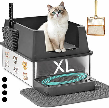 Extra Large Stainless Steel Cat Litter Box - 23.5" x 15.5" x 12" - High Sided Walls for Big Cats, Anti Urine Leakage, Odorless and Easy Cleaning - Foot Pad, Mat, Scoops & Deodorizer - XL Litter Box