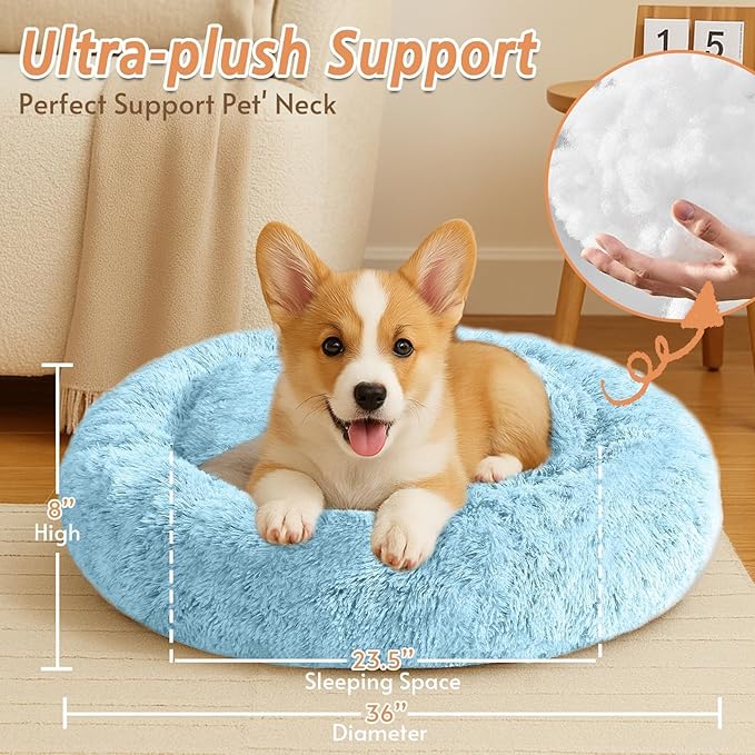 JOLLYVOGUE Calming Dog Beds Large Sized Dog, 36in Donut Washable Large Pet Bed, Anti-Slip & Anti-Anxiety Fluffy Faux Fur Round Dogs Bed, Fits up to 80 lbs Pets (Light Blue)