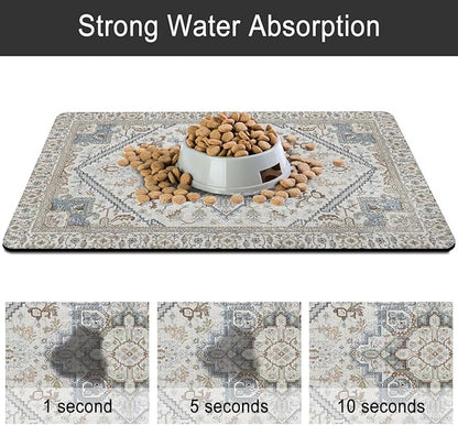 Dog Food Mats for Floors, Absorbent and Quick-Drying Pet Cat Food Mat,Anti-Fouling and Easy-to-Clean Pet Feeding Mat,Dog Bowl Mat for Messy Drinking Water Bowls.17 x27, Bohemia Style