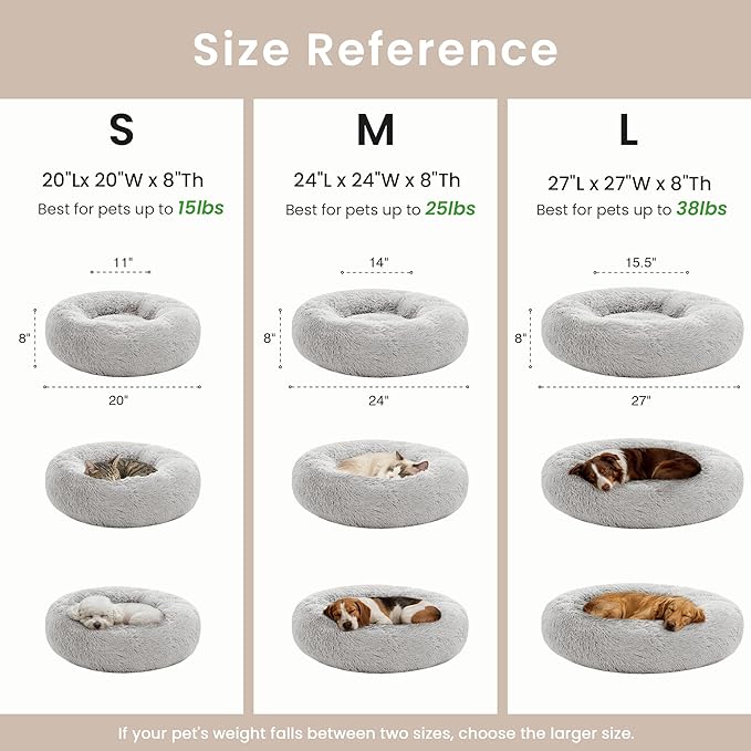 Love's cabin Calming Cat Bed for Indoor Cats, Anti-Anxiety Donut Round Dog Bed, Fluffy Faux Fur Washable Pet Bed for Small Medium Dogs and Cats,Grey,20in