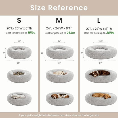 Love's cabin Calming Cat Bed for Indoor Cats, Anti-Anxiety Donut Round Dog Bed, Fluffy Faux Fur Washable Pet Bed for Small Medium Dogs and Cats,Grey,20in