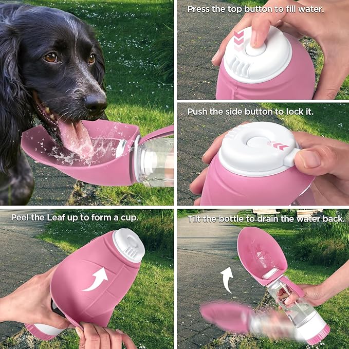 Uppetly Dog Water Bottle, Pet Water Bottle with Food Container and Drinking Feeder, Leak Proof, BPA-Free, Portable Foldable Puppy Water Cup Dispenser for Outdoor Walking, Travel, Hiking Large Pink
