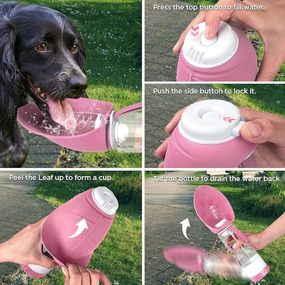Uppetly Dog Water Bottle, Pet Water Bottle with Food Container and Drinking Feeder, Leak Proof, BPA-Free, Portable Foldable Puppy Water Cup Dispenser for Outdoor Walking, Travel, Hiking Large Pink