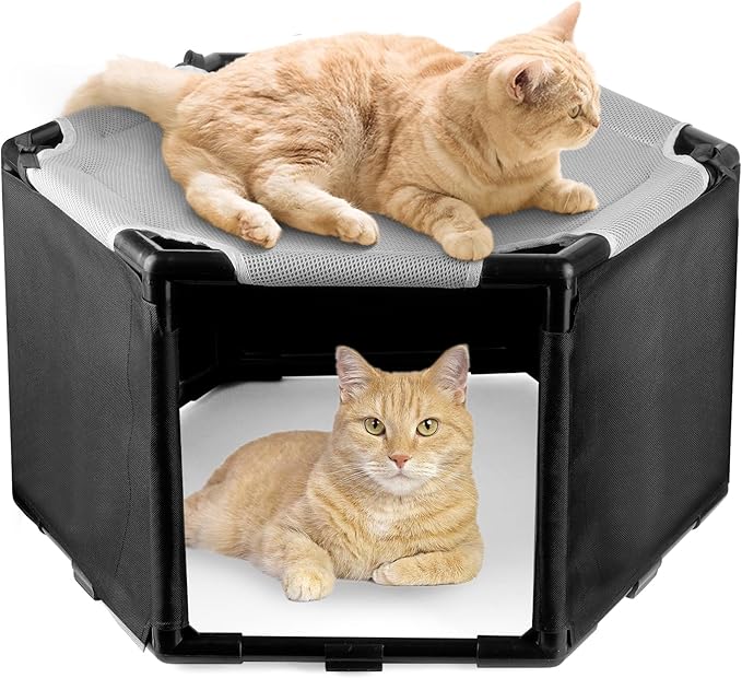 Elevated Cat Hammock Bed with Privacy Fence, Portable Raised Dog Cat Bed, Breathable Mesh & Anti-Slip Feet for Indoor Outdoor Use, Easy to Clean & Carry