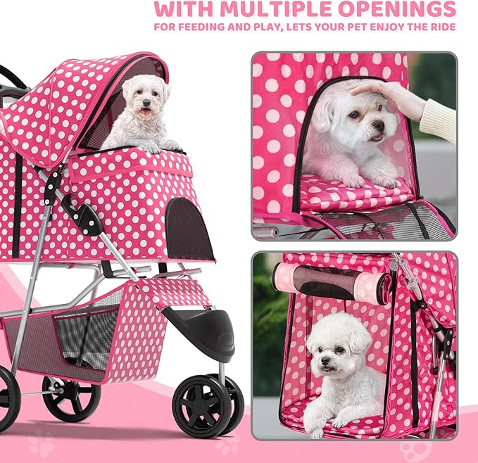 Magshion 3-Wheel Pet Stroller, Foldable Travel Jogger for Small & Medium Dogs & Cats (Up to 33lbs), Lightweight Carrier with Breathable Mesh Cover, Cup Holder & Storage Basket, Hot Pink Polka Dots